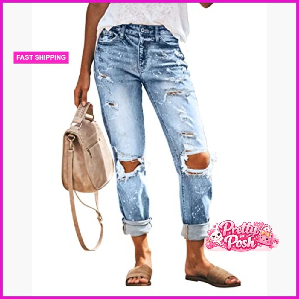 Ripped Mid Waisted Boyfriend Jeans Loose Fit Distressed Stretchy Denim Pants - Picture 2 of 6